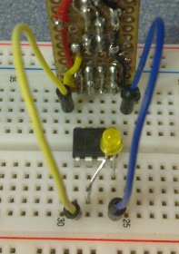 Breadboard with ATtiny45, ready to be flashed