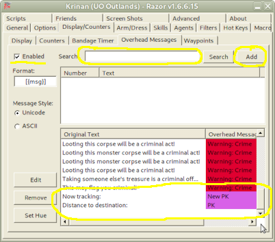 Screenshot: Razor overhead message configuration