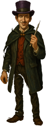 An sharply dressed man with sleazy grin whose magic is 40% illusion, 30% sleight of hand, and 30% fast talking with a mysterious accent.
