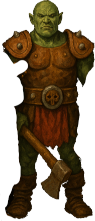 A towering green orc in battered armor, whose approach to subtlety involves a large axe and a small vocabulary.
