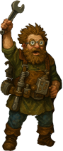 A scruffy, goggle-eyed Tinker with an alarming number of tool belts, holding a wrench aloft.