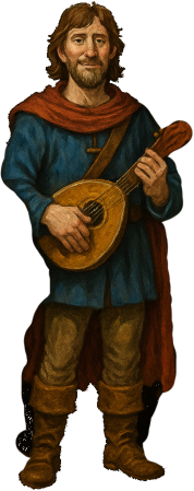 A cheerful young man in a blue tunic and red cloak, menacingly holding a lute - threatening to play a song.